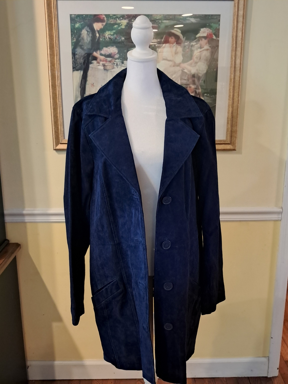 Dennis Basso Navy Suede Long Coat - Women’s Casual Button Front Jacket